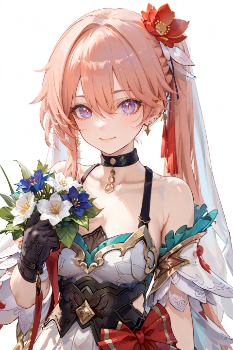  1girl, solo, breasts, looking at viewer, smile, bangs, simple background, hair ornament, dress, holding, cleavage, hair between eyes, bare shoulders, jewelry, closed mouth, purple eyes, collarbone, upper body, pink hair, flower, earrings, choker, white gloves, pink eyes, off shoulder, {white wedding dress}, sparkle, {hair intakes}, white flower, veil, blue flower, bouquet, cropped torso, {{white wedding dress}}, off-shoulder dress, bridal veil, {white choker}, holding bouquet,{upper body},{close-up},Dutch angle,{depth of field},{lensflare},{looking at viewer},{white background}, {{white wedding dress}}, {{white weddingdress}}, {{white weddingdress}}, {{white weddingdress}}, {{white weddingdress}},{{whiteweddingdress}},{{whiteweddingdress}}



角色：
gnf, long hair, dress, side ponytail, hair ornament, black gloves, pantyhose, black footwear, yellow eyes, breasts, hair flower,
