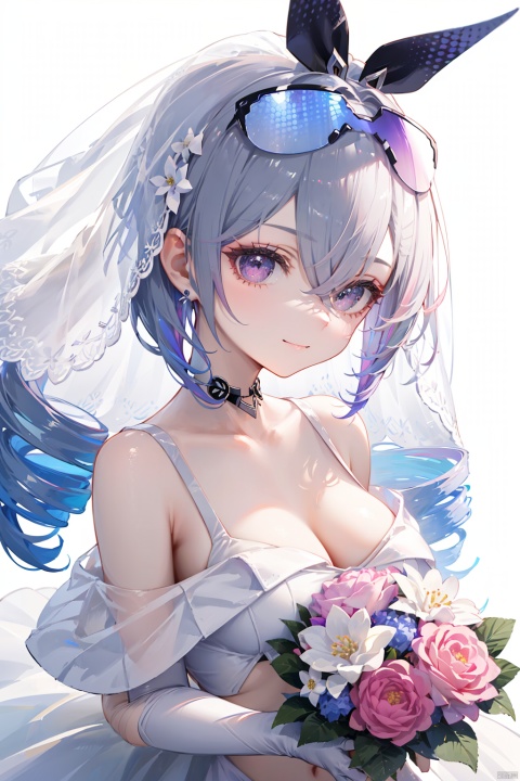 1girl, solo, breasts, looking at viewer, smile, bangs, simple background, hair ornament, dress, holding, cleavage, hair between eyes, bare shoulders, jewelry, closed mouth, purple eyes, collarbone, upper body, pink hair, flower, earrings, choker, white gloves, pink eyes, off shoulder, {white wedding dress}, sparkle, {hair intakes}, white flower, veil, blue flower, bouquet, cropped torso, {{white wedding dress}}, off-shoulder dress, bridal veil, {white choker}, holding bouquet,{upper body},{close-up},Dutch angle,{depth of field},{lensflare},{looking at viewer},{white background}, {{white wedding dress}}, {{white weddingdress}}, {{white weddingdress}}, {{white weddingdress}}, {{white weddingdress}},{{whiteweddingdress}},{{whiteweddingdress}}



角色：
yinlang, bronya zaychik, eyewear on head, grey eyes, grey hair, long hair, drill hair, gloves, bubble blowing, shorts, chewing gum,fingerless gloves, navel, mesh socks,