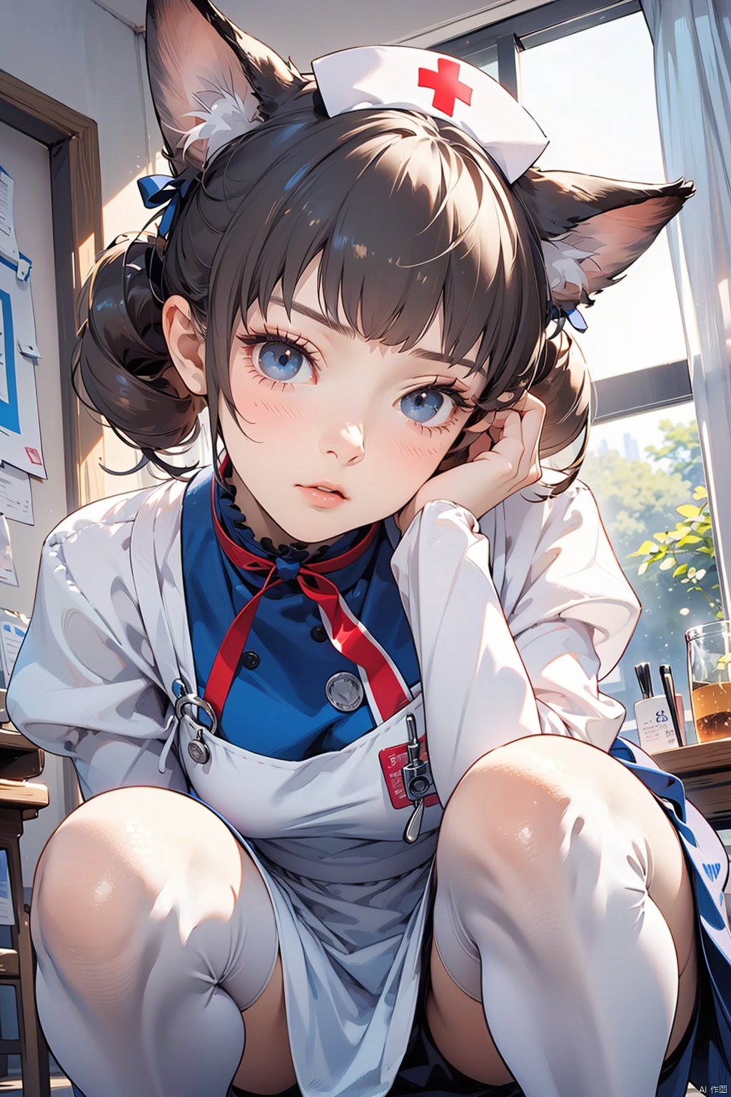  nai3, 1girl, animal ears, solo, blush, cat ears, apron, looking at viewer, long hair, blue eyes, sweatdrop, upper body, closed mouth, bangs, parted bangs, dress, long sleeves, puffy sleeves, white apron, ribbon, black dress, frills, hair ribbon,Nurse,blue nurse uniform,squatting,Bottom-rimmed glasses,fine fabric emphasis,White stockings,White high heels,hospital,short hair,naughty face,arms under breasts,view from below,look at the viewer,wide shot,head tilt, (masterpiece:1.2), best quality,PIXIV,cozy animation scenes,

twin drills


