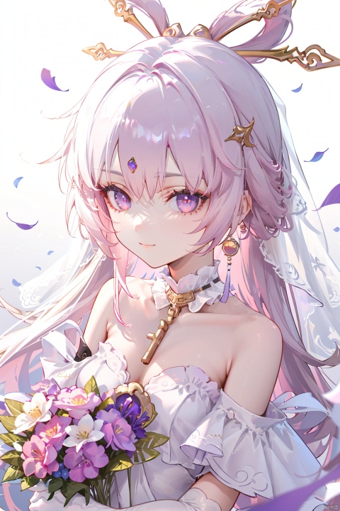  1girl, solo, breasts, looking at viewer, smile, bangs, simple background, hair ornament, dress, holding, cleavage, hair between eyes, bare shoulders, jewelry, closed mouth, purple eyes, collarbone, upper body, pink hair, flower, earrings, choker, white gloves, pink eyes, off shoulder, {white wedding dress}, sparkle, {hair intakes}, white flower, veil, blue flower, bouquet, cropped torso, {{white wedding dress}}, off-shoulder dress, bridal veil, {white choker}, holding bouquet,{upper body},{close-up},Dutch angle,{depth of field},{lensflare},{looking at viewer},{white background}, {{white wedding dress}}, {{white weddingdress}}, {{white weddingdress}}, {{white weddingdress}}, {{white weddingdress}},{{whiteweddingdress}},{{whiteweddingdress}}



角色：
fuxuan, dress, hair ornament, long hair, purple eyes, pink hair, bangs, pantyhose, detached sleeves, hair stick,