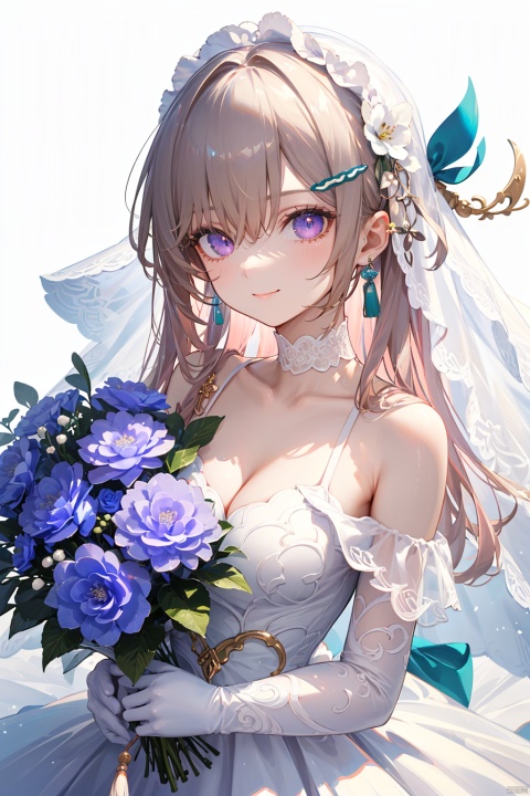  1girl, solo, breasts, looking at viewer, smile, bangs, simple background, hair ornament, dress, holding, cleavage, hair between eyes, bare shoulders, jewelry, closed mouth, purple eyes, collarbone, upper body, pink hair, flower, earrings, choker, white gloves, pink eyes, off shoulder, {white wedding dress}, sparkle, {hair intakes}, white flower, veil, blue flower, bouquet, cropped torso, {{white wedding dress}}, off-shoulder dress, bridal veil, {white choker}, holding bouquet,{upper body},{close-up},Dutch angle,{depth of field},{lensflare},{looking at viewer},{white background}, {{white wedding dress}}, {{white weddingdress}}, {{white weddingdress}}, {{white weddingdress}}, {{white weddingdress}}, {{whiteweddingdress}},{{whiteweddingdress}}



角色：
1girl,qingque,,brown hair,long hair,green eyes,hair ornament, hairclip,long sleeves,bare shoulders,clothing cutout,shoulder cutout, dress,skirt,tassel,floating Mahjong tiles