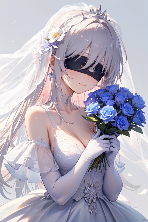  1girl, solo, breasts, looking at viewer, smile, bangs, simple background, hair ornament, dress, holding, cleavage, hair between eyes, bare shoulders, jewelry, closed mouth, purple eyes, collarbone, upper body, pink hair, flower, earrings, choker, white gloves, pink eyes, off shoulder, {white wedding dress}, sparkle, {hair intakes}, white flower, veil, blue flower, bouquet, cropped torso, {{white wedding dress}}, off-shoulder dress, bridal veil, {white choker}, one hand holding bouquet,one hand under breasts,one hand holding bouquet,one hand under breasts,{upper body},{close-up},Dutch angle,{depth of field},{lensflare},{looking at viewer},{white background}, {{white wedding dress}}, {{white weddingdress}}, {{white weddingdress}}, {{whiteweddingdress}},{{whiteweddingdress}},{{whiteweddingdress}},{{whiteweddingdress}}



角色：
jingliu, silver hair, elbow gloves, long hair, (blindfold:1.2), boots, bare shoulders, dress, hair ribbon,{{white hair}},{{black blindfold}},{{black blindfold}},{{white hair}}