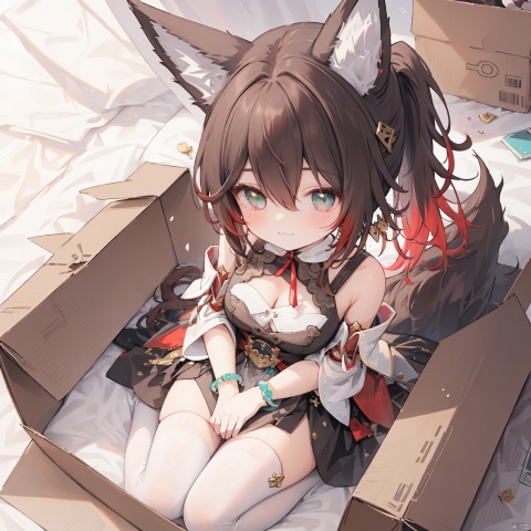  1girl,solo,blunt bangs,hair ornament,(:3),long hair,Hoodies_Cat pattern,cat_thighhighs,from above,Sitting in a cardboard box,cats cuddle in cardboard boxes,


tingyun,1girl,fox ears,long hair, ponytail,multicolored hair, brown hair, earrings,jewelry,,cleavage, detached sleeves,wide sleeves, bare shoulders, black dress, bracelet, gold trim,tassel, fox tail, pelvic curtain