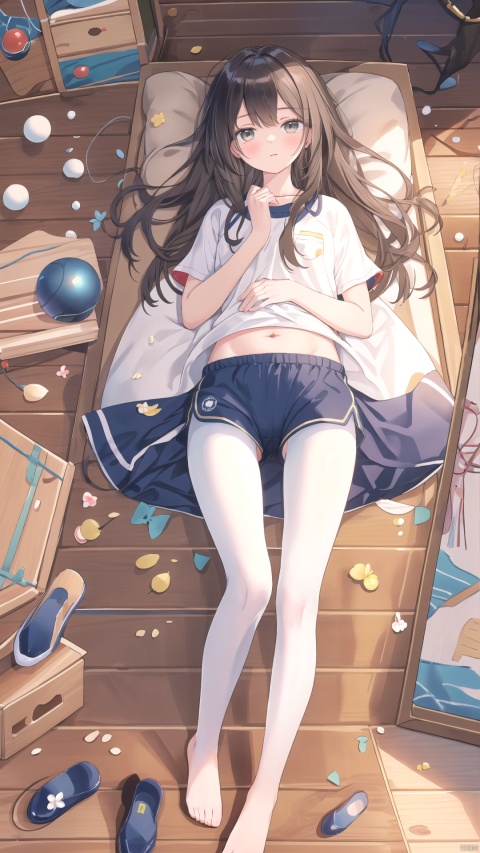  gym storeroom,wooden floor, 1girl,solo, long hair, gym uniform, pantyhose,shorts,indoors,no shoes, , gym shirt, navel,full body, black hair, brown eyes, white shirt, lying, brown hair, looking at viewer,

exposed_pussy