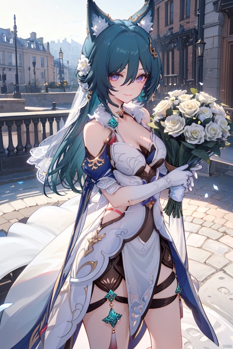  1girl, solo, breasts, looking at viewer, smile, bangs, simple background, hair ornament, dress, holding, cleavage, hair between eyes, bare shoulders, jewelry, closed mouth, purple eyes, collarbone, upper body, pink hair, flower, earrings, choker, white gloves, pink eyes, off shoulder, {white wedding dress}, sparkle, {hair intakes}, white flower, veil, blue flower, bouquet, cropped torso, {{white wedding dress}}, off-shoulder dress, bridal veil, {white choker}, holding bouquet,{upper body},{close-up},Dutch angle,{depth of field},{lensflare},{looking at viewer},{white background}, {{white wedding dress}}, {{white weddingdress}}, {{white weddingdress}}, {{white weddingdress}}, {{white weddingdress}}, {{white weddingdress}}, {{whiteweddingdress}}



角色：
yukong, solo focus, fox ears, green hair, dress, (jade pendant, leg hangings:1.2), detached sleeves, long hair, full body, bangs, hair ornament, high heels, bare shoulders, blue eyes, breasts, standing, 1girl, solo, detailed eyes, yukong
