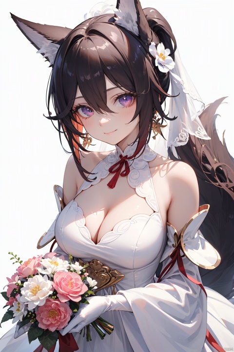  1girl, solo, breasts, looking at viewer, smile, bangs, simple background, hair ornament, dress, holding, cleavage, hair between eyes, bare shoulders, jewelry, closed mouth, purple eyes, collarbone, upper body, pink hair, flower, earrings, choker, white gloves, pink eyes, off shoulder, {white wedding dress}, sparkle, {hair intakes}, white flower, veil, blue flower, bouquet, cropped torso, {{white wedding dress}}, off-shoulder dress, bridal veil, {white choker}, holding bouquet,{upper body},{close-up},Dutch angle,{depth of field},{lensflare},{looking at viewer},{white background}, {{white wedding dress}}, {{white weddingdress}}, {{white weddingdress}}, {{white weddingdress}}, {{white weddingdress}}, {{white weddingdress}}, {{white weddingdress}}



角色：
 1girl,, ,fox ears,long hair, ponytail,multicolored hair, brown hair, earrings,jewelry,,cleavage, detached sleeves,wide sleeves, bare shoulders,gold trim,tassel, fox tail, pelvic curtain