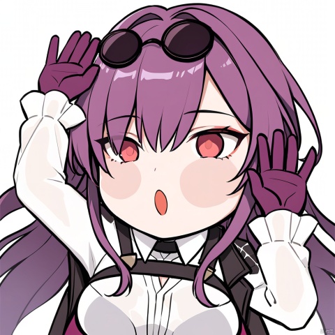  tietie,solo,simple background,white background,upper body,chibi,against glass, best quality, show the whites ofone'seyes,,

角色：
kafkaSR,long hair,bangs,skirt,large breasts,shirt,red eyes,gloves,long sleeves,hair between eyes,sitting,jacket,white shirt,purple hair,pantyhose,boots,collared shirt,black footwear,high heels,thigh strap,sunglasses,eyewear on head,purple gloves,black shorts