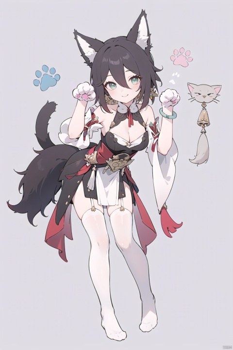  nahida genshin impact, (paw pose:1.5), leaning forward, (dress:1.3), strap slip, full body, (white silk stockings:1.3),(Cat paw puppet gloves:1.3), 1girl
masterpiece, best quality,,1girl,fox ears,earrings,jewelry,,cleavage, detached sleeves,wide sleeves, bare shoulders, black dress, bracelet, gold trim,tassel, fox tail, pelvic curtain, grey background, smile，no shoes，without shoes