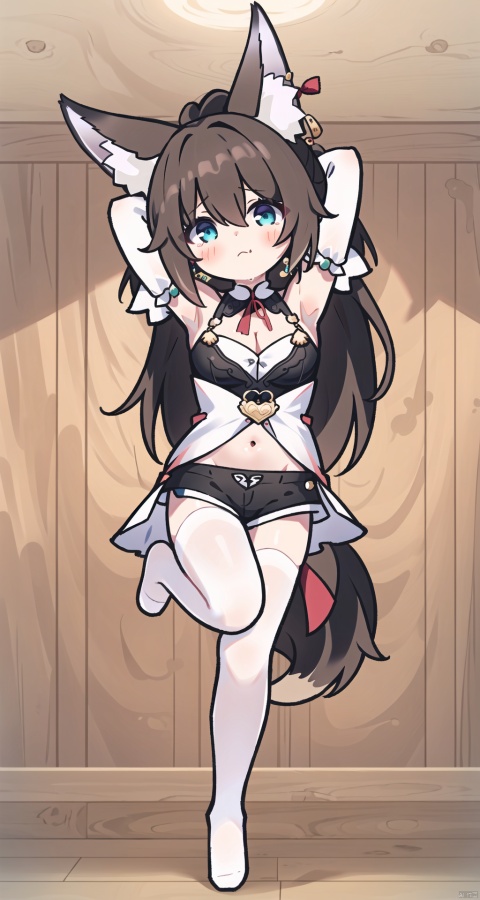  An ancient ship, wooden floor, 1girl,solo, long hair, pantyhose,shorts,indoors,no shoes, , gym shirt, navel,full body, black hair, white shirt, lying, brown hair, looking at viewer,fine fabric emphasis,White stockings,naughty face,arms under breasts,view from below,look at the viewer,wide shot,head tilt, (masterpiece:1.2), best quality,PIXIV,cozy animation scenes,, white pantyhose, chibi,Aggrieved, wanttocry,thighstrap,(-3-),


动作：
standing on one leg,standingsplit,armpit,folded,
,{looking back},{full body},{head tilt}, 
{armpits},{folded},{standing split},{adult ballet},{dutch angle}
角色：
tingyun,1girl,fox ears,long hair, ponytail,multicolored hair, brown hair, earrings,jewelry,,cleavage, detached sleeves,wide sleeves, bare shoulders, black dress, bracelet, gold trim,tassel, fox tail, pelvic curtain