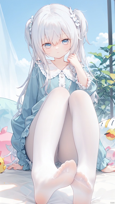 foot focus, 1girl, no shoes, solo, feet, soles, long hair, looking at viewer, blue eyes, sitting, long sleeves, toes, bangs, foreshortening, hair between eyes, legs, frills, dress, hand up, full body, masterpiece, best quality, zukong,bare_feet