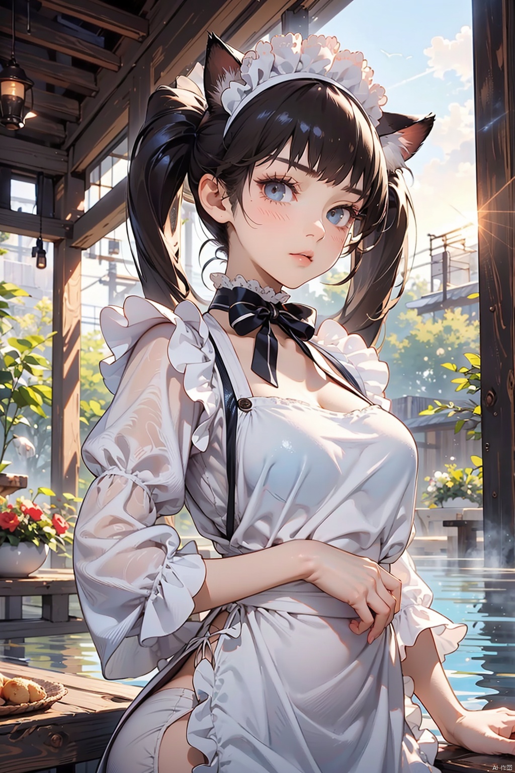  nai3, 1girl, animal ears, solo, blush, maid, maid headdress, cat ears, apron, looking at viewer, long hair, blue eyes, sweatdrop, upper body, maid apron, closed mouth, bangs, parted bangs, dress, long sleeves, puffy sleeves, white apron, ribbon, black dress, frills, hair ribbon,


Maid Outfit (Becky): sadayokawakamimaid, dress, bow, twintails, short sleeves, puffy sleeves, apron, maid, maid headdress, maid apron

, cozy animation scenes,having bath，hand on stomach，
flower shop,sunset,greenhouse,hot_springs,onsen

bikini aside，pubic tatoo，dress lift，view from below，cameltoe，wet underwear，aside bikini，
hand in bra，torogao，
