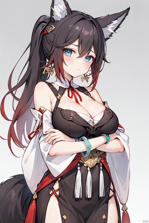  1girl, arm_under_breasts, arms_under_breasts, bangs, black_ribbon, blue_eyes, blunt_bangs, blush, breast_hold, breasts, closed_mouth, collarbone, crossed_arms, eyebrows_visible_through_hair, frown, gradient, gradient_background, grey_background, hair_ornament, hair_ribbon, large_breasts, long_hair, long_sleeves, looking_at_viewer, nakano_nino, pink_hair, red_hair, ribbon, shirt, sidelocks, solo, striped, striped_shirt, very_long_hair

1girl,fox ears,long hair, ponytail,multicolored hair, brown hair, earrings,jewelry,,cleavage, detached sleeves,wide sleeves, bare shoulders, black dress, bracelet, gold trim,tassel, fox tail, pelvic curtain,