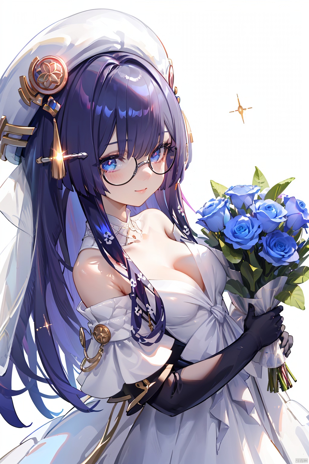  1girl, solo, breasts, looking at viewer, smile, bangs, simple background, hair ornament, dress, holding, cleavage, hair between eyes, bare shoulders, jewelry, closed mouth, purple eyes, collarbone, upper body, pink hair, flower, earrings, choker, white gloves, pink eyes, off shoulder, {white wedding dress}, sparkle, {hair intakes}, white flower, veil, blue flower, bouquet, cropped torso, {{white wedding dress}}, off-shoulder dress, bridal veil, {white choker}, holding bouquet,{upper body},{close-up},Dutch angle,{depth of field},{lensflare},{looking at viewer},{white background}, {{white wedding dress}}, {{white weddingdress}}, {{white weddingdress}}, {{white weddingdress}}, {{white weddingdress}}, {{white weddingdress}}, {{whiteweddingdress}}



角色：
pela, 1girl, pantyhose, elbow gloves, glasses, hat, long hair, blue eyes, bangs, high heels, skirt, long sleeves,