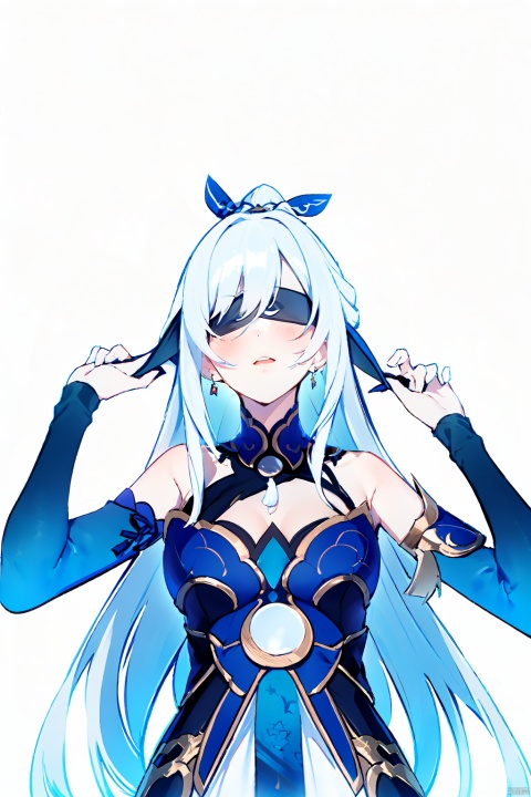  masterpiece, best quality, ,jingliu,1girl,white hair,long hair,ponytail,hair ribbon,blindfold, earrings, jewelry, blue dress,bare shoulders, detached sleeves, grey background, FF，{wariza}，{from below}，shy face，{cameltoe}