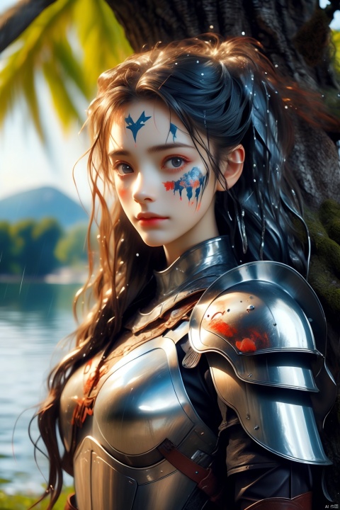  a viking woman with wet hair and leather armor leaning against a tree, lake in the background, raining, overcast, smeared war face paint, leather armor, realistic, intricate, highly detailed