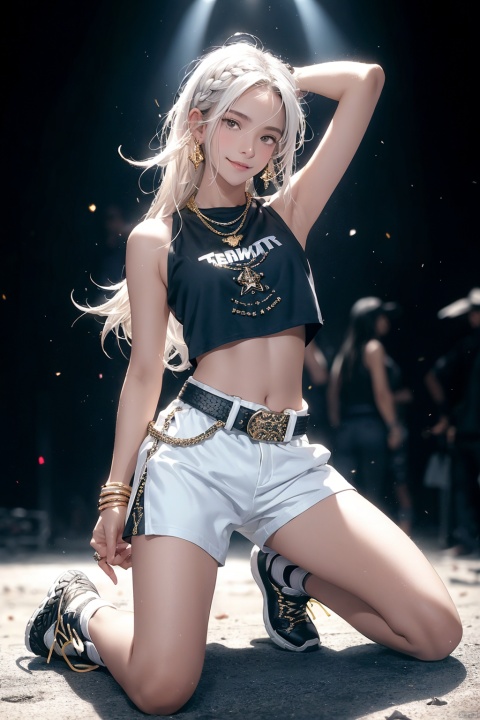 navel, jewelry, long hair, looking at viewer, earrings, midriff, smile, 1girl, blurry, white shorts, blurry background, arm behind head, black eyes, crop top, white top, cowboy shot, belt, solo focus, blush, arm up, golden hair, bangs, closed mouth, big breasts, depth of field, solo, stomach, kneeling, sneakers, full body