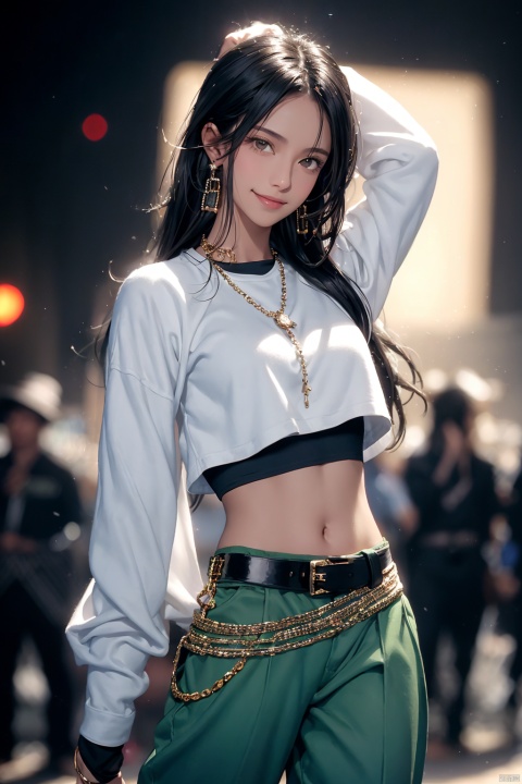 navel, jewelry, long hair, pants, looking at viewer, earrings, midriff, smile, 1girl, blurry, green pants, blurry background, arm behind head, black eyes, crop top, cowboy shot, belt, solo focus, blush, arm up, long sleeves, black hair, shirt, bangs, closed mouth, breasts, depth of field, white jacket, jacket, solo, stomach, standing, white shirt