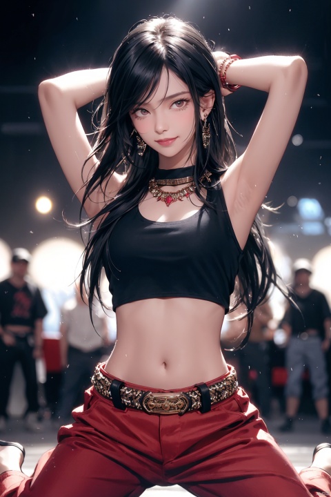 navel, jewelry, long hair, pants, looking at viewer, earrings, midriff, smile, 1girl, blurry, red pants, blurry background, arm behind head, black eyes, crop top, cowboy shot, belt, solo focus, blush, arm up, black hair, bangs, closed mouth, medium breasts, depth of field, solo, stomach, kneeling,