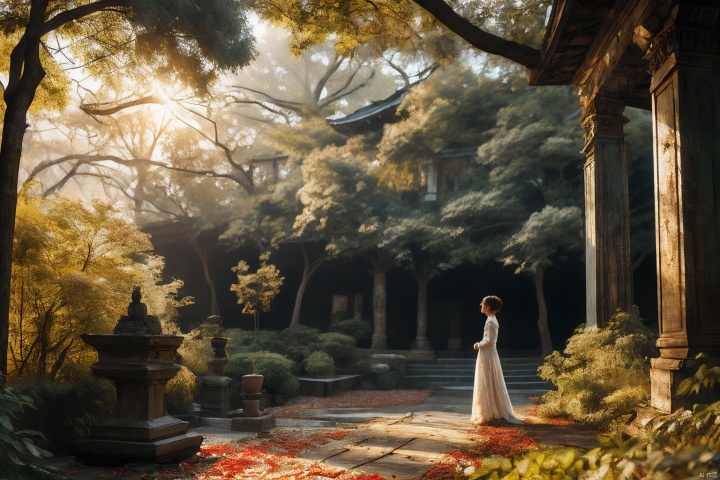 1girl, bust, temple, forest, sun, outdoor, msheying, moyou