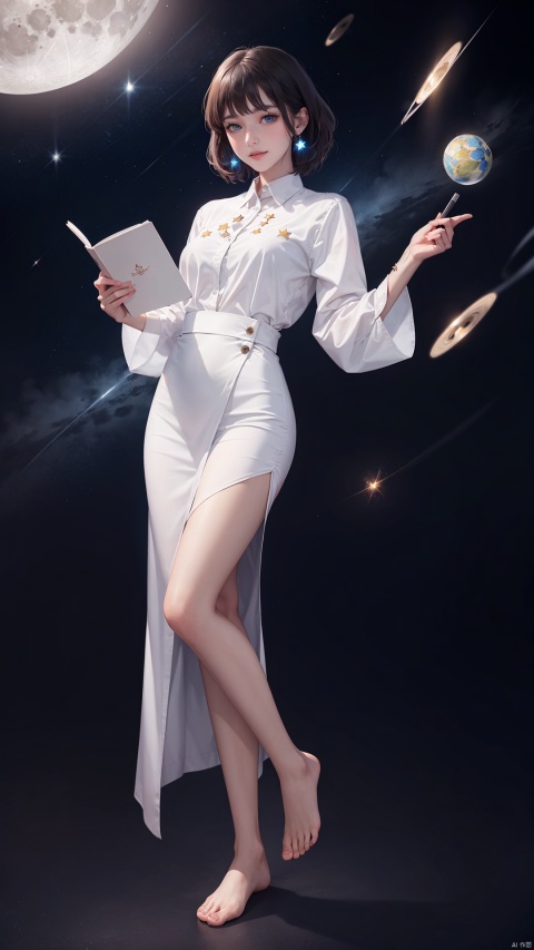  (((full body))),finely detail,Depth of field,(((masterpiece))),((extremely detailed CG unity 8k wallpaper)),best quality,high resolution illustration,Amazing,intricate detail,(best illumination, best shadow, an extremely delicate and beautiful),star_\(sky\),starry_sky,space,shooting_star,1girl,constellation,planet,night_sky,pencil,starry_sky_print,blue_eyes,night,palette_\(object\),earth_\(planet\),feet,phone,sky,solo,moon,barefoot,eraser,long_sleeves,blue_hair,book,looking_at_viewer,telescope,pen,shirt,cellphone,smile,card,paper,star_\(symbol\),handheld_game_console,notebook,galaxy,crescent_moon,clock,cloud,white_shirt,milky_way,cityscape,globe,light_particles,