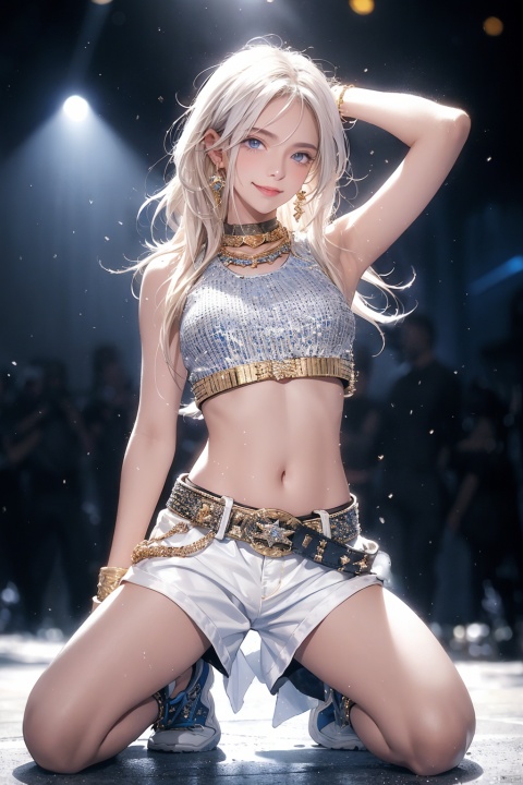 navel, jewelry, long hair, looking at viewer, earrings, midriff, smile, 1girl, blurry, white shorts, blurry background, arm behind head, blue eyes, crop top, cowboy shot, belt, solo focus, blush, arm up, golden hair, bangs, closed mouth, huge breasts, depth of field, solo, stomach, kneeling, sneakers, full body