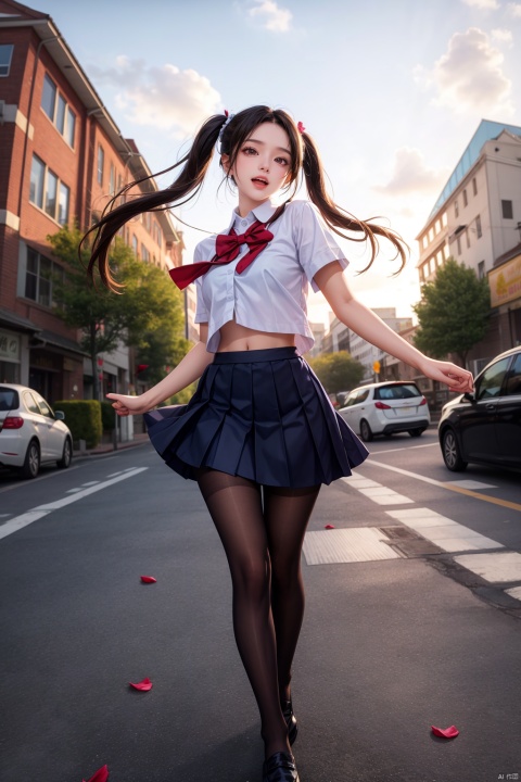  (best quality),((masterpiece)),(highres),illustration,original,extremely detailed,1girl,solo,pantyhose,long hair,twin_tails,school uniform,skirt,black pantyhose,falling petals,hime cut,smile,open mouth,very long hair,,zettai ryouiki,navel,full body,from front,on street,sky,black_loafers,,black hair,dancing,fisheye,wind_lift,