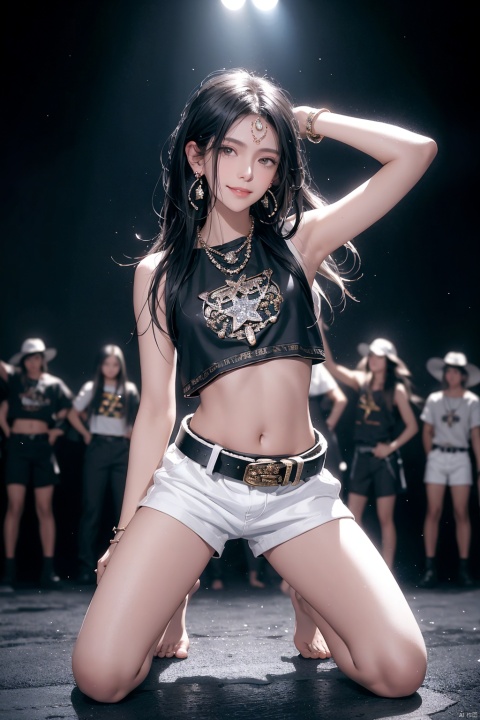 navel, jewelry, long hair, looking at viewer, earrings, midriff, smile, 1girl, blurry, white shorts, blurry background, arm behind head, black eyes, white crop top, cowboy shot, belt, solo focus, blush, arm up, black hair, bangs, closed mouth, medium breasts, depth of field, solo, stomach, kneeling, bare feet, full body