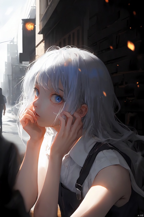 1girl, art by cornflower,head rest, looking at viewer, pinafore dress, school uniform, sleeveless, sleeveless dress, solo,(focus on face),glowing skin,strong backlighting,portrait,volumetric lights,motion blur,city street,volutes,upper body,mystical cultivation,blowing wind,fire light,light_particles,dynamic hair,dynamic_perspective,[[black and white color scheme]],strong contrast,clever light and shade,light and shadow, depth of field, reflection, best quality, amazing quality, very aesthetic, absurdres