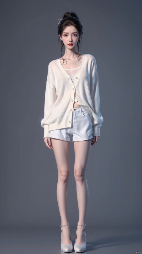  High quality, ultra high-definition, surreal, highest resolution, (16k pixels) (bright color), female, hair tied up, (full body portrait in front), mid chest, long legs, tall, perfect figure, small white shoes, fresh style, (white knitted cardigan, bottom shirt) (white cotton shorts), high heels, qingyi