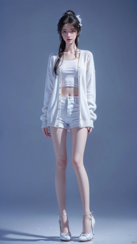  High quality, ultra high-definition, surreal, highest resolution, (16k pixels) (bright color), female, hair tied up, (full body portrait in front), mid chest, long legs, tall, perfect figure, small white shoes, fresh style, (white knitted cardigan, bottom shirt) (white cotton shorts), high heels, qingyi,hair ornament