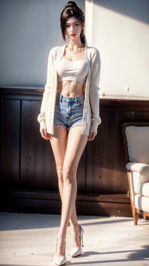  High quality, ultra high-definition, surreal, highest resolution, (16k pixels) (bright color), female, hair tied up, (full body portrait in front), mid chest, long legs, tall, perfect figure, small white shoes, fresh style, (white knitted cardigan, bottom shirt) (white cotton shorts), high heels,glass,yuyao,The eye,1 girl,yun, fake breast