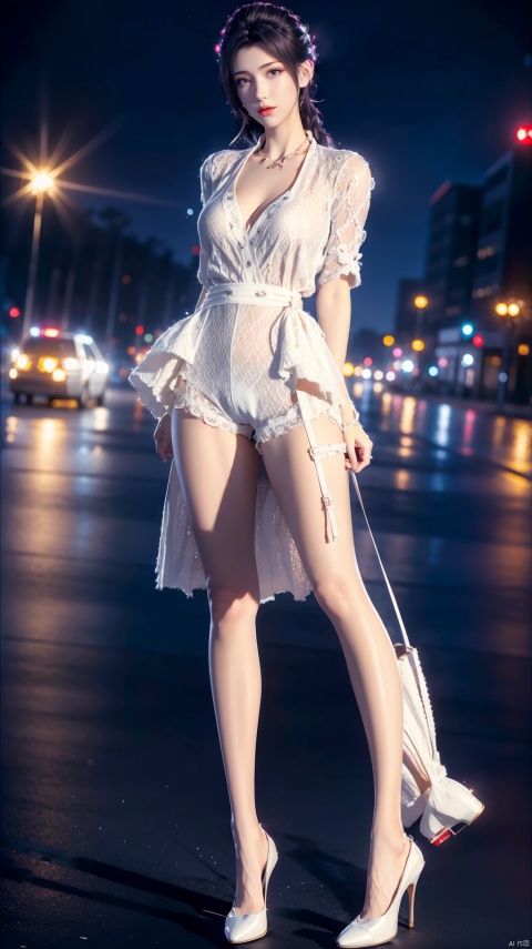  High quality, ultra high-definition, surreal, highest resolution, (16k pixels) (bright color), female, hair tied up, (full body portrait in front), mid chest, long legs, tall, perfect figure, small white shoes, fresh style, (white knitted cardigan, bottom shirt) (white cotton shorts), high heels,glass,yuyao,The eye,1 girl,yun, fake breast, tutututu, underwear, garter belt, lingerie,tutututu