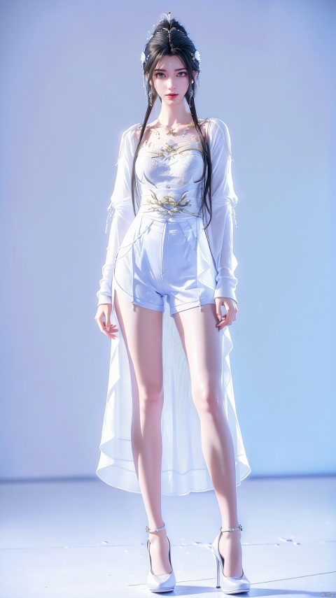  High quality, ultra high-definition, surreal, highest resolution, (16k pixels) (bright color), female, hair tied up, (full body portrait in front), mid chest, long legs, tall, perfect figure, small white shoes, fresh style, (white knitted cardigan, bottom shirt) (white cotton shorts), high heels, qingyi,hair ornament, qy-hd