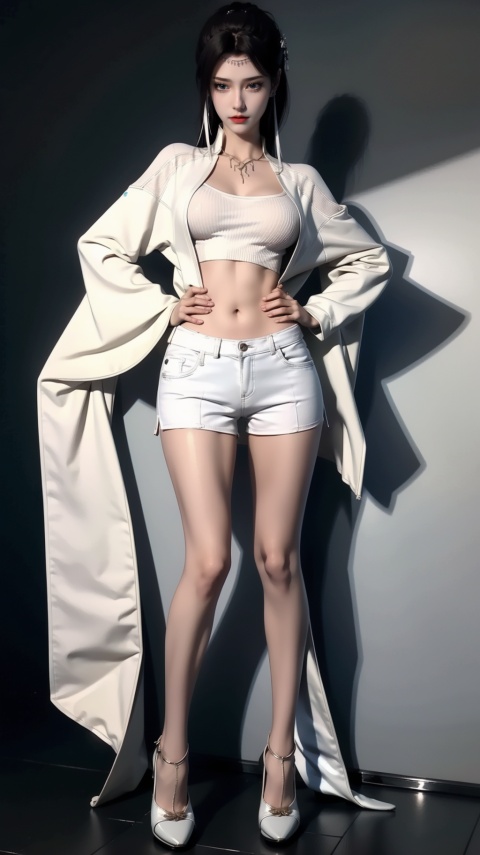 High quality, ultra high-definition, surreal, highest resolution, (16k pixels) (bright color), female, hair tied up, (full body portrait in front), mid chest, long legs, tall, perfect figure, small white shoes, fresh style, (white knitted cardigan, bottom shirt) (white cotton shorts), high heels,glass,yuyao,The eye,1 girl,yun