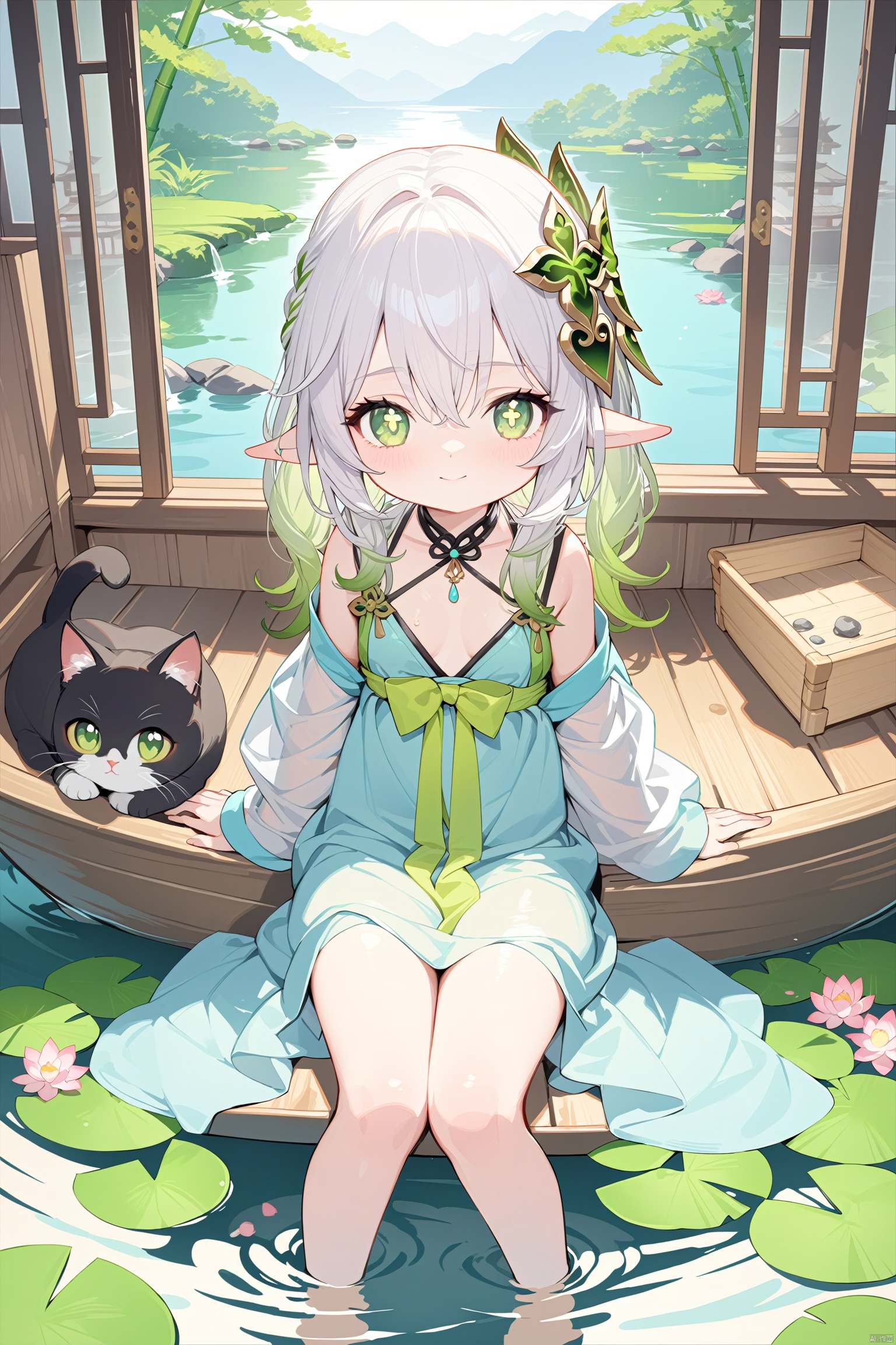  masterpiece,best quality,high quality,(colorful), 1girl, solo, petite, loli,elf girl,pointy_ears,small breast, :),hanfu,chinses dress,(chibi:0.1), masterpiece,bestquality, white hair,green hair,green eyes,symbol-shaped pupils, bangs, breasts,cross-shaped pupils, hair ornament, gradient hair,bare foot, black cat near foot,nahida (genshin impact),(After the new rain in the empty mountains, the weather arrives late in autumn.,The bright moon shines among the pine trees, and the clear spring stones flow upstream, The bamboo noise returns to the washing girl, and the lotus moves down the fishing boat,)