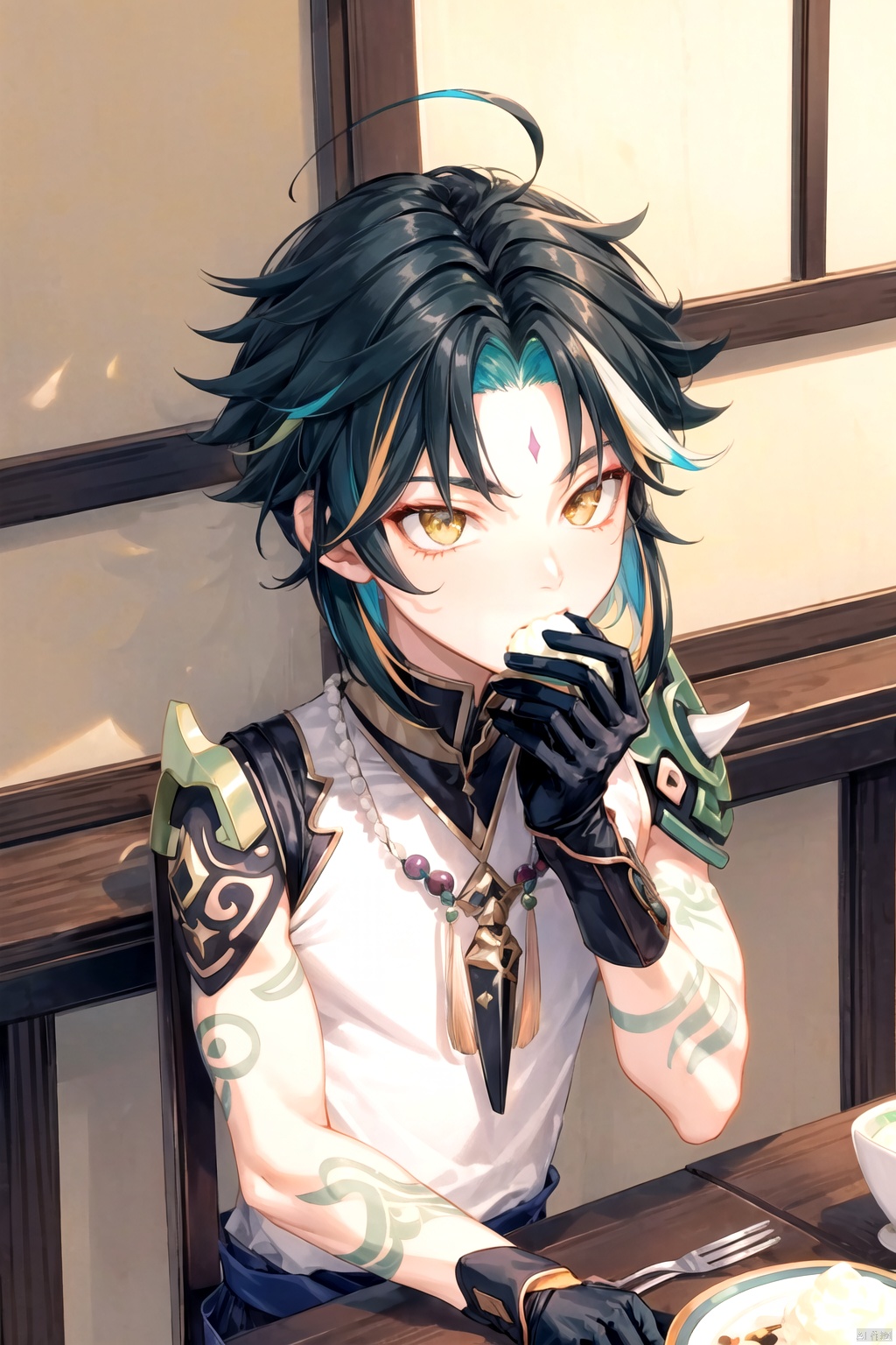  best_quality, extremely detailed details, simple,clean_picture, (under_age),(short),((boy )),1_boy,solo,((full_body)),black_hair, (green_hair:0.8),multicolored_hair,yellow_eyes,gloves,shoulder armor, spikes, spear, male focus, necklace,beads, holding weapon, armor, tattoo, mask, xiao \(genshin impact\),
((Dining room, eating, sitting on chairs, dining table, Almond curd,))