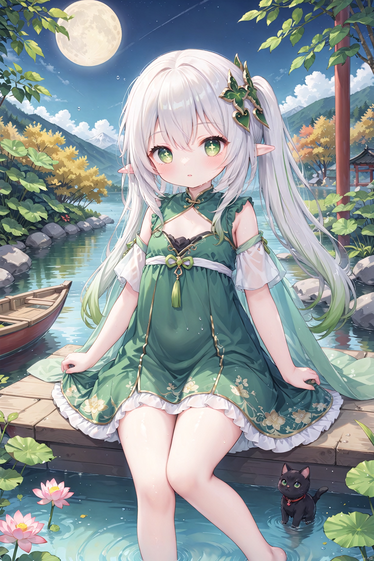  masterpiece,best quality,high quality,(colorful), 1girl, solo, petite, loli,elf girl,pointy_ears,small breast, :),hanfu,chinses dress,(chibi:0.1), masterpiece,bestquality, white hair,green hair,green eyes,symbol-shaped pupils, bangs, breasts,cross-shaped pupils, hair ornament, gradient hair,bare foot, black cat near foot,nahida (genshin impact),(After the new rain in the empty mountains, the weather arrives late in autumn.,The bright moon shines among the pine trees, and the clear spring stones flow upstream, The bamboo noise returns to the washing girl, and the lotus moves down the fishing boat,)