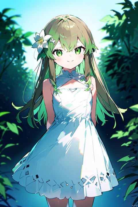  best quality, amazing quality, very aesthetic,1girl, white hair,green hair,green eyes,symbol-shaped pupils, bangs, breasts,cross-shaped pupils, hair ornament, gradient hair, dress, long hair, bird, white dress, brown hair, solo, outdoors, sleeveless, looking at viewer, arms behind back, sleeveless dress, bangs, standing, plant, sundress, smile, flower, closed mouth, sunlight, bare shoulders