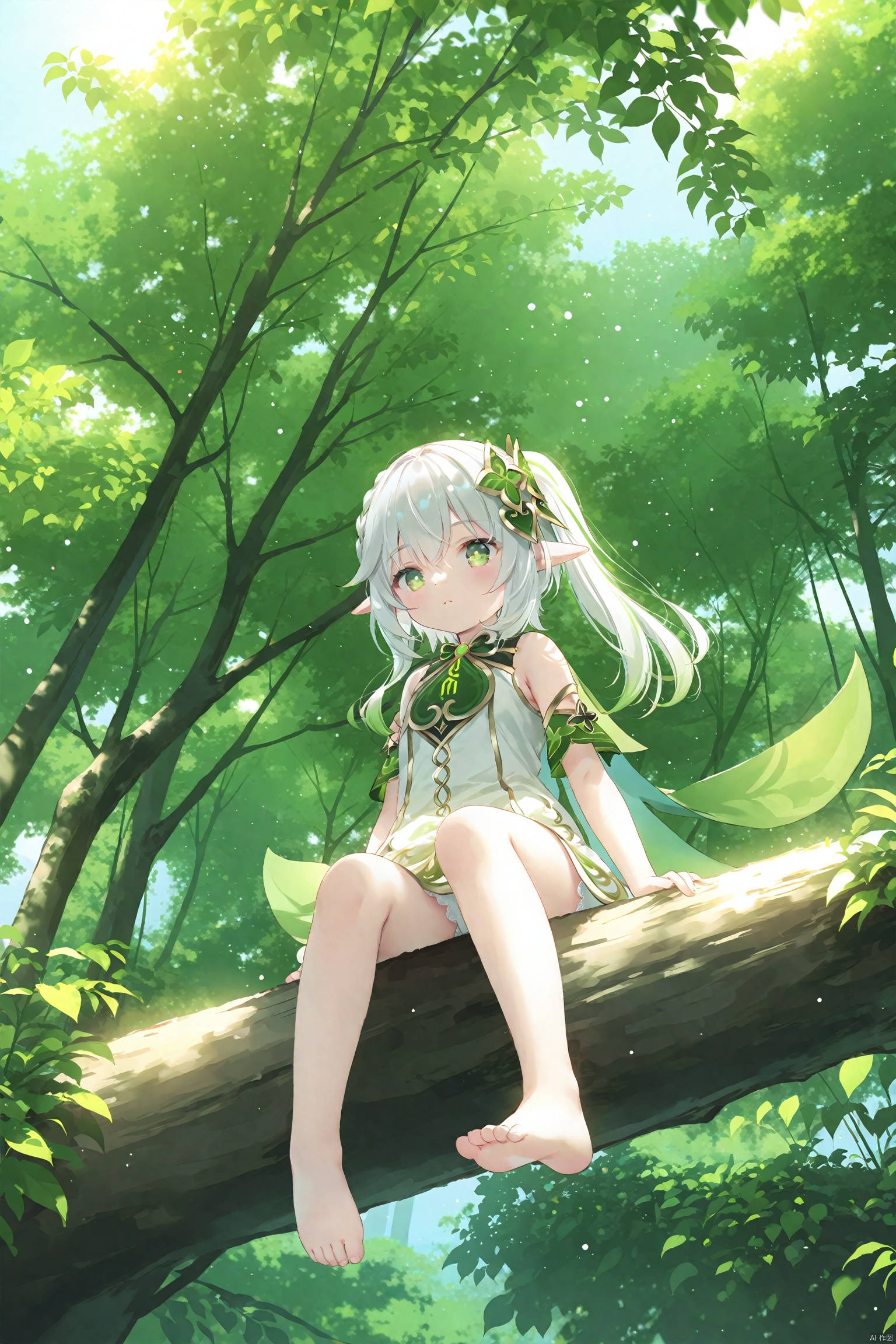 masterpiece,best quality,high quality,(colorful),[Artist miwano rag],[Artist toosaka asagi],[Artist wlop],[Artist chen bin],loli,1girl, solo, petite,loli,elf girl,pointy_ears,small breast, :),Trees, huge trees, Sitting on a branch of a tree, (chibi:0.1), masterpiece,bestquality, white hair,green hair,green eyes,symbol-shaped pupils, bangs, breasts,cross-shaped pupils, hair ornament, gradient hair,bare foot, nahida (genshin impact), 
