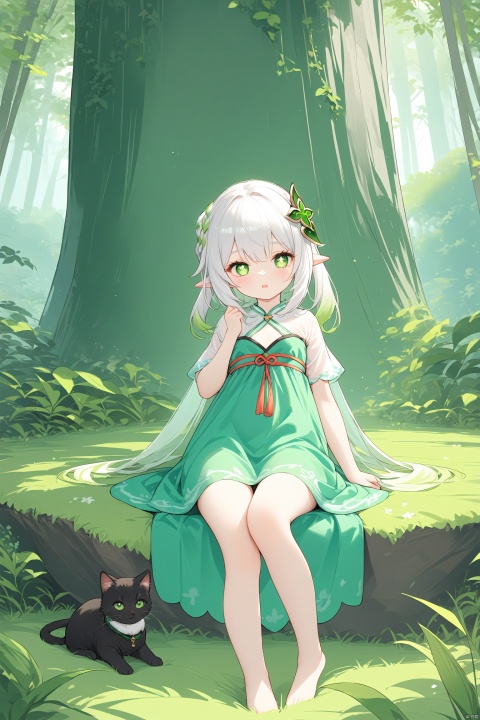  masterpiece,best quality,high quality,(colorful), 1girl, solo, petite, loli,elf girl,pointy_ears,small breast, :),hanfu,chinses dress,(chibi:0.1), masterpiece,bestquality, white hair,green hair,green eyes,symbol-shaped pupils, bangs, breasts,cross-shaped pupils, hair ornament, gradient hair,bare foot, black cat near foot,nahida (genshin impact),(There are no people in the empty mountain, but one can hear the sound of human voices,Returning to the deep forest,)