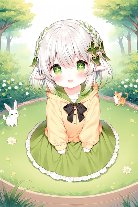 Best-A,chen_bin,guojiang_mullay,tsukimi_mumi,usashiro_mani,loli,loli,loli,loli,loli,1girl, solo, petite,elf girl,pointy_ears, smile,(chibi:0.1), white hair,green hair,green eyes,symbol-shaped pupils, bangs, breasts,cross-shaped pupils, hair ornament, gradient hair, nahida (genshin impact),outside, Deep forest,Dim scenes,Dark, many small animals, deer, rabbits, cats, birds,pool, trees, grass, flowers,Casual clothes, hooded tops, casual pants, surrounded by animals,