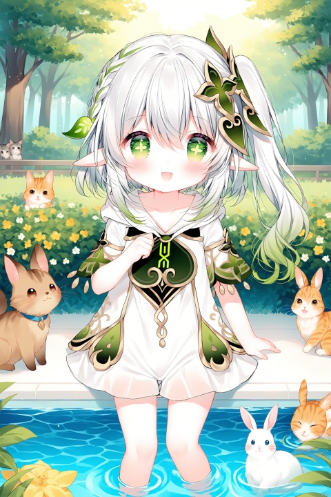 Best-A,chen_bin,guojiang_mullay,tsukimi_mumi,usashiro_mani,loli,loli,loli,loli,loli,1girl, solo, petite,elf girl,pointy_ears, smile,(chibi:0.1), white hair,green hair,green eyes,symbol-shaped pupils, bangs, breasts,cross-shaped pupils, hair ornament, gradient hair, nahida (genshin impact),outside, Deep forest,Dim scenes,Dark, many small animals, deer, rabbits, cats, birds,pool, trees, grass, flowers,Casual clothes, hooded tops, casual pants, surrounded by animals,