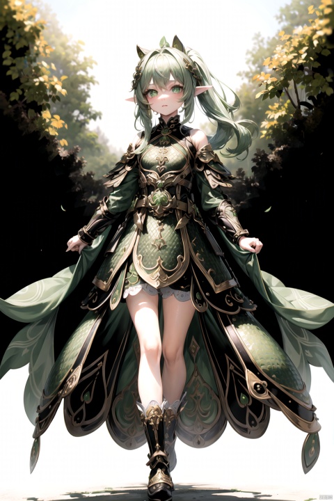  best_quality, extremely detailed details, simple,clean_picture, loli,1_girl,solo,full_body,pretty face,extremely delicate and beautiful girls,(beautiful detailed eyes), green_eyes,white_hair,green_hair,long_hair,elf_ears,lip,
Petite,flat chested, blonde_long _hair, mantle(green stamp), perfect eyes, (rainbow scales armour): vivid,metal long sleeves (green scalelike), metal boots (green scalelike), (green) metal armour (scalelike),Metal arm armor(green scalelike),Metal shoulder armor(green scalelike),A floating cloak,
（forest,sword_in_hand,）
nahida (genshin impact),butterfly, nai3