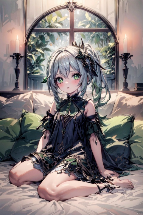  best_quality, extremely detailed details, loli,1_girl,solo,full_body,cute_face,pretty face,extremely delicate and beautiful girls,(beautiful detailed eyes), green_eyes,cross_eyes,+_+,(white and green hair:0.8),long_ponytail,barefoot,
dress,long_dress,
nahida, nahida (genshin impact),Darkness, Gothic
