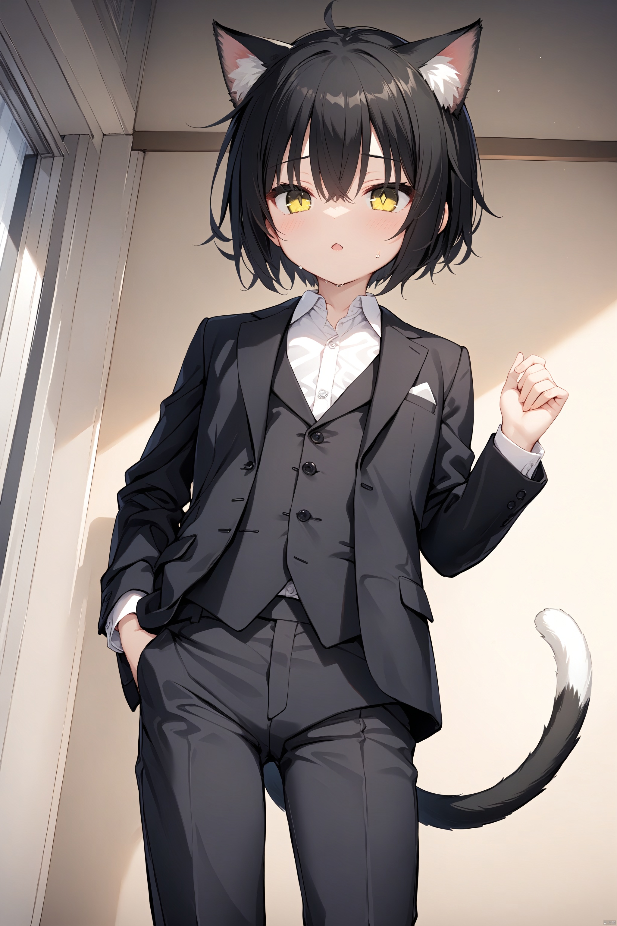 (masterpiece),(best quality),1boy,solo,cat_boy,animal_ears,cat_tail,cat_ears,yellow_eyes,Triangular pupils,symbol-shaped pupils, black_hair,short_hair,Black suit, white shirt, trousers,suit pants,petite,