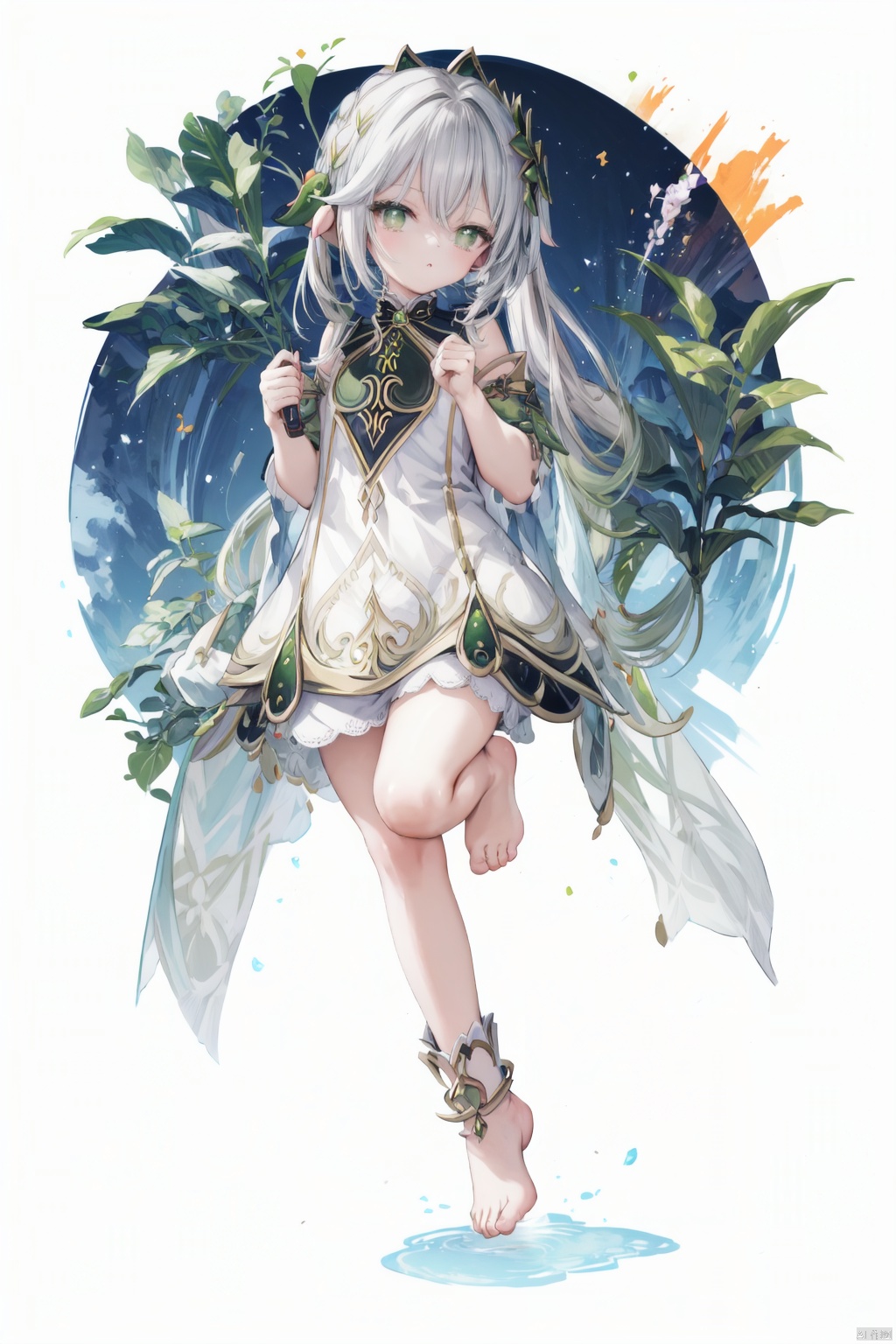  best_quality, extremely detailed details, loli,1_girl,solo,full_body,cute_face,pretty face,extremely delicate and beautiful girls,(beautiful detailed eyes), green_eyes,cross_eyes,+_+,(white and green hair:0.8),long_ponytail,barefoot,
hanfu,standing,
nahida (genshin impact), nahida (genshin impact),YuanShen, watercolour, colors, blank background