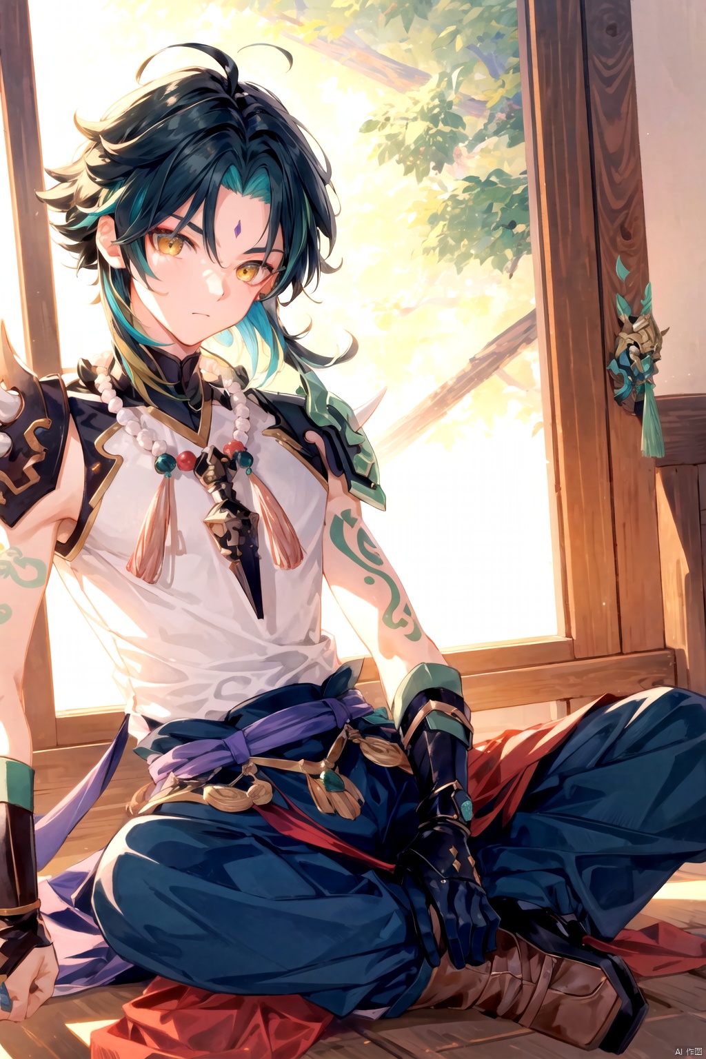  best_quality, extremely detailed details, simple,clean_picture, (under_age),(short),boy ,1_boy,solo,((full_body)),black_hair, (green_hair:0.8),multicolored_hair,yellow_eyes,gloves,shoulder armor, spikes, spear, male focus, necklace,beads, holding weapon, armor, tattoo, mask, kufu,gongfu,wood_room,
xiao \(genshin impact\),