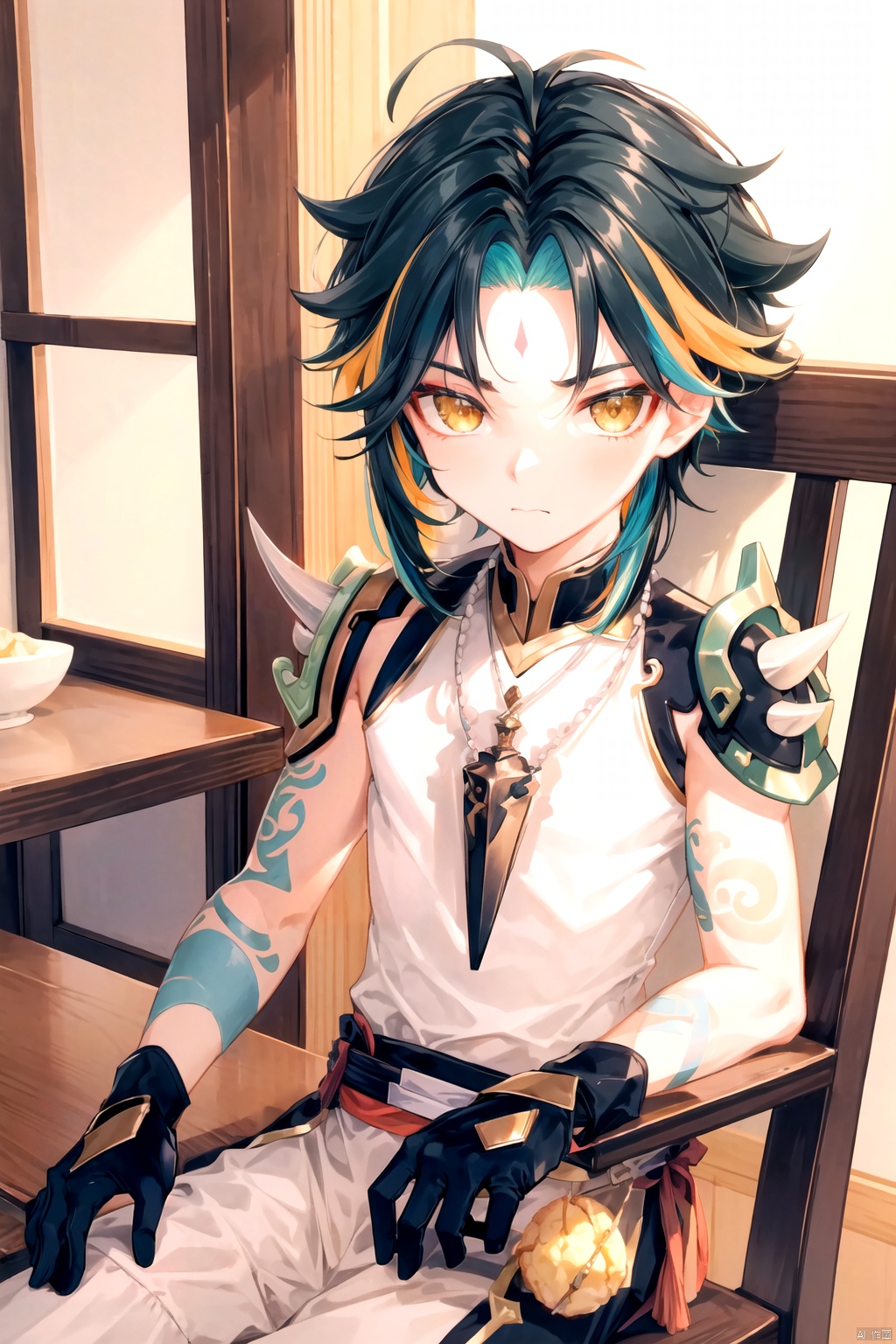  best_quality, extremely detailed details, simple,clean_picture, (under_age),(short),((boy )),1_boy,solo,((full_body)),black_hair, (green_hair:0.8),multicolored_hair,yellow_eyes,gloves,shoulder armor, spikes, spear, male focus, necklace,beads, holding weapon, armor, tattoo, mask, xiao \(genshin impact\),
((Dining room, eating, sitting on chairs, dining table, Almond curd,holding_spoon,))