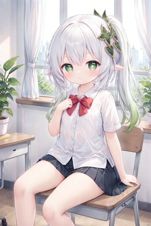 masterpiece,best quality,high quality,(colorful),loli,1girl, solo, petite,loli,elf girl,pointy_ears,small breast,small head, :),city, looking at viewer, blush, bangs, skirt, shirt, bow, sitting, closed mouth, school uniform, white shirt, ponytail, short sleeves,pleated skirt, collared shirt, indoors, bowtie, black skirt, red bow, dress shirt, feet out of frame, chair, plant, curtains, hand on own chest, desk, classroom, potted plant, school desk, on desk, sitting on desk,leaning forward,foot view,(chibi:0.1), masterpiece,bestquality, white hair,green hair,green eyes,symbol-shaped pupils, bangs, breasts,cross-shaped pupils, hair ornament, gradient hair,bare foot, nahida (genshin impact), cuteloliface,JRU2, soles, TT, detailed, rosmontis_(arknights)