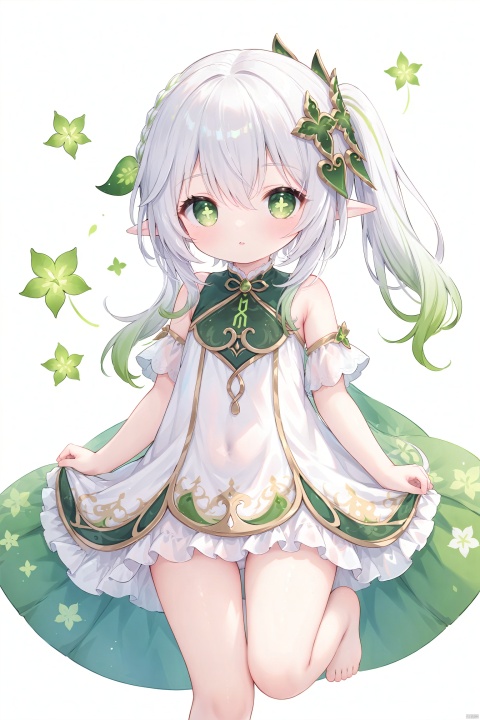  masterpiece,best quality,high quality,(colorful),loli,1girl, solo, petite,loli,elf girl,pointy_ears,small breast, :),dress,(chibi:0.1), masterpiece,bestquality, white hair,green hair,green eyes,symbol-shaped pupils, bangs, breasts,cross-shaped pupils, hair ornament, gradient hair,bare foot, nahida (genshin impact), cuteloliface